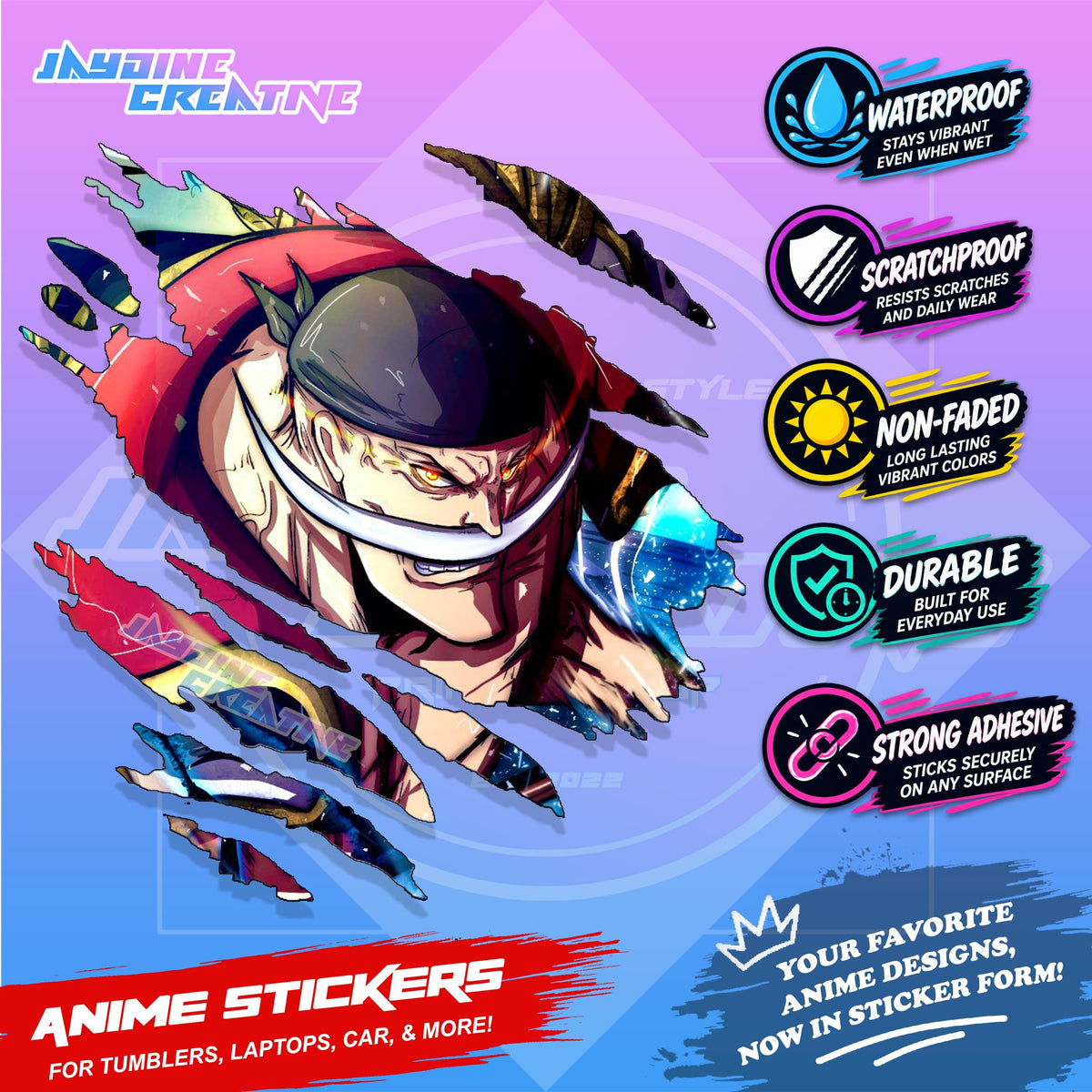 One Piece Anime Inspired Scratch Sticker Waterproof Vinyl for Helmet, Motorcycle, Car, Laptop, Phone & Tumbler