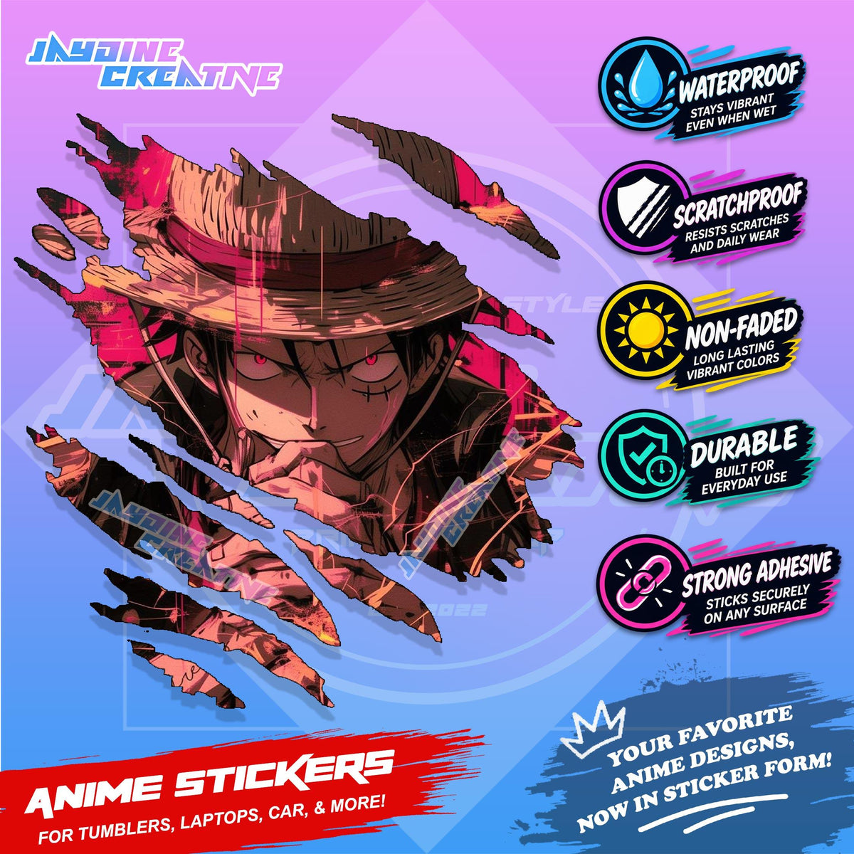 New One Piece Anime Inspired Scratch Sticker Waterproof Vinyl for Helmet, Motorcycle, Car & Tumbler