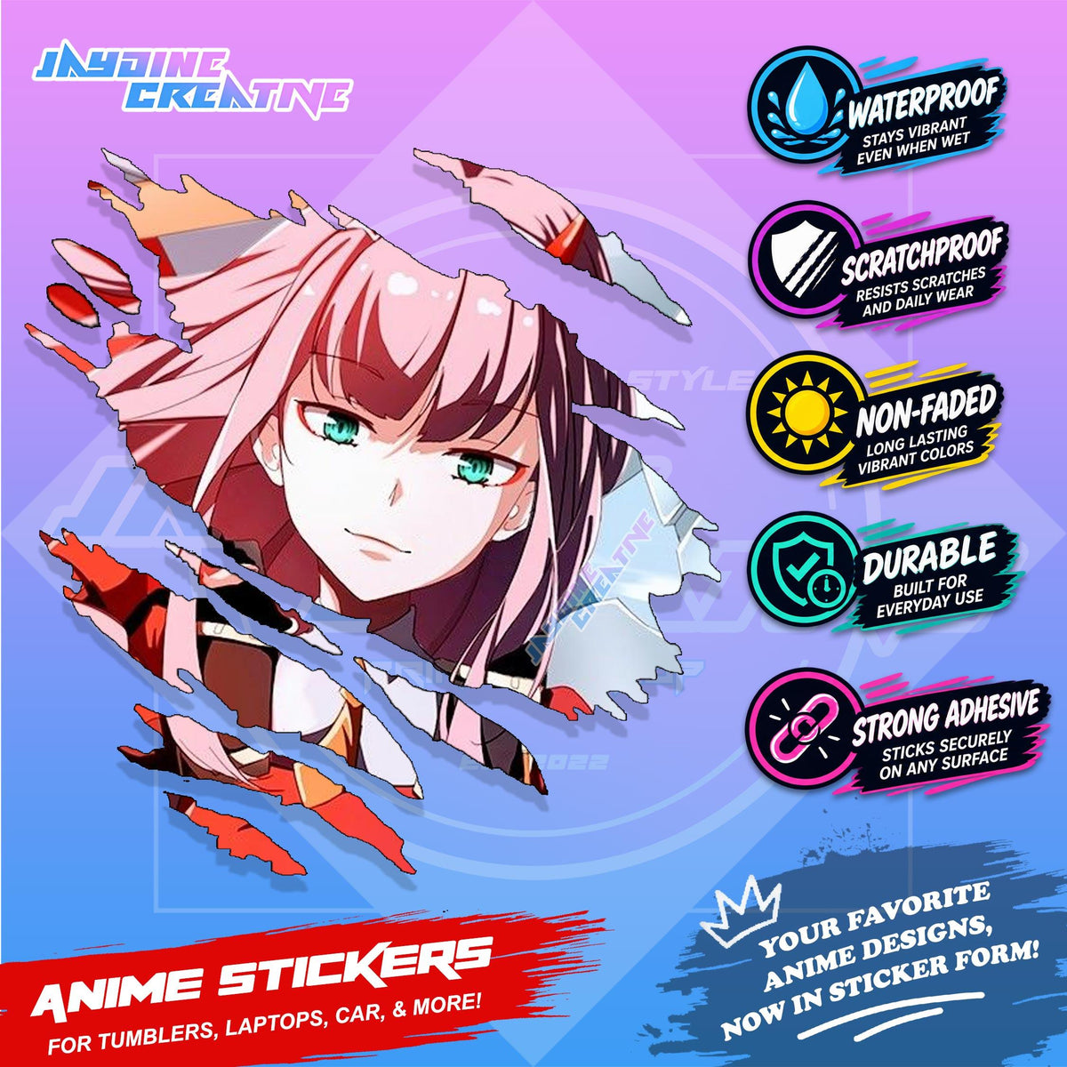 Darling in the Franxx Scratch Sticker Waterproof Vinyl for Helmet, Motorcycle, Car, Laptop & Tumbler