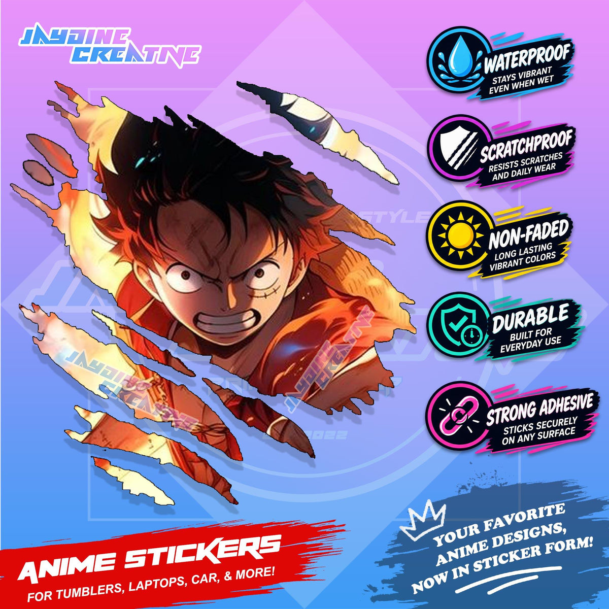 New One Piece Anime Inspired Scratch Sticker Waterproof Vinyl for Helmet, Motorcycle, Car & Tumbler