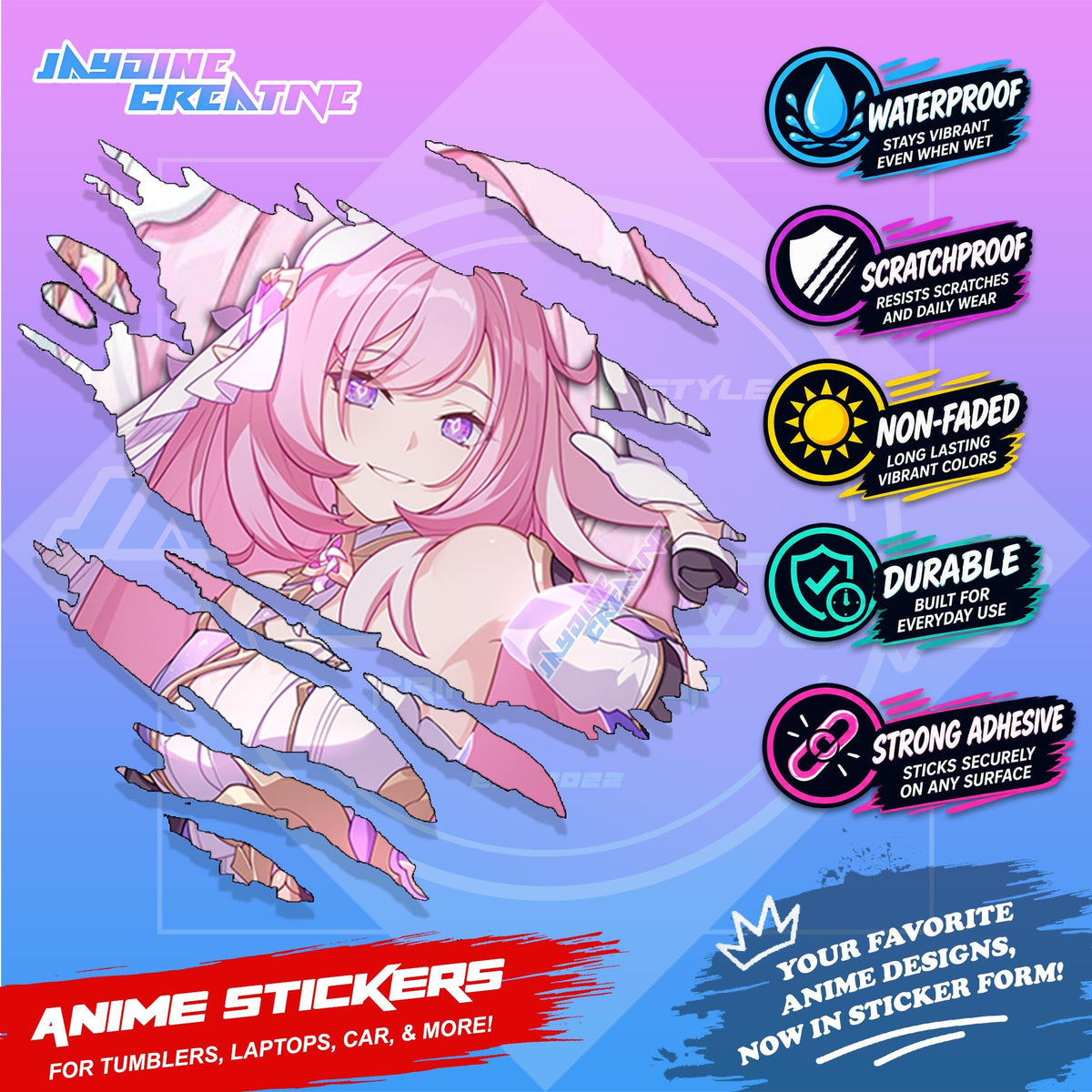 Honkai Impact 3rd Inspired Scratch Sticker Waterproof Vinyl for Helmet, Motorcycle, Car & Tumbler