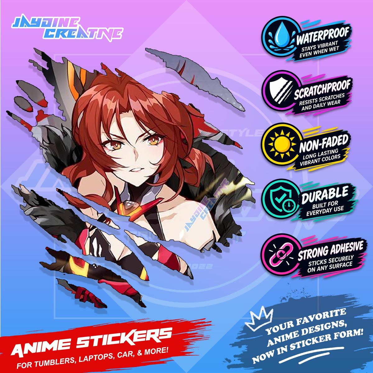 Honkai Impact 3rd Inspired Scratch Sticker Waterproof Vinyl for Helmet, Motorcycle, Car & Tumbler