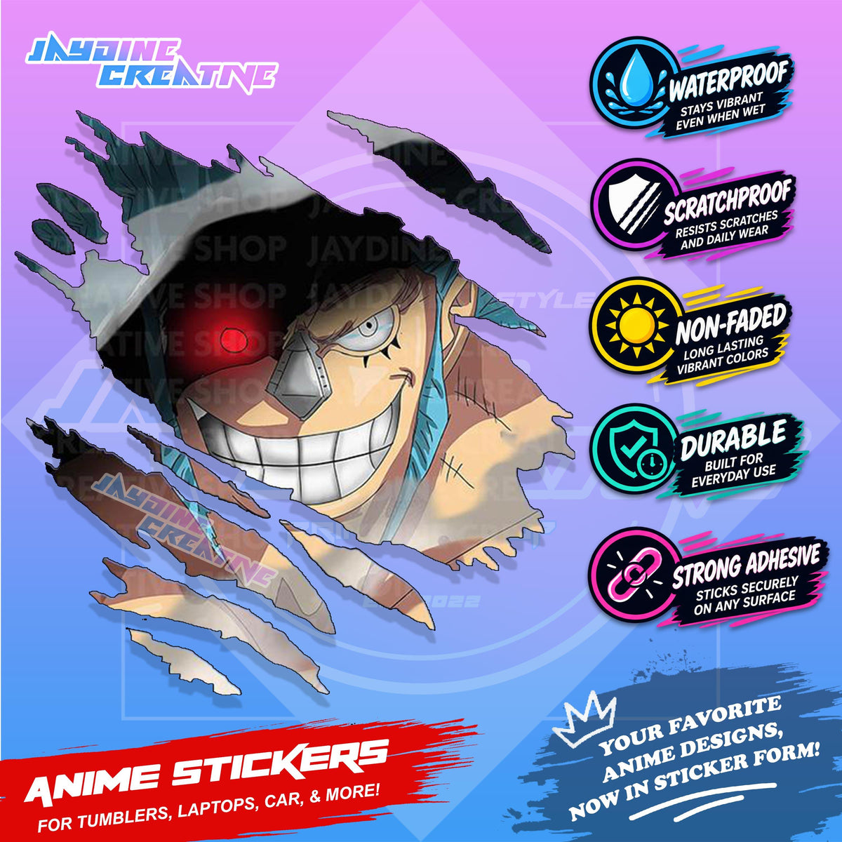 One Piece Anime Inspired Scratch Sticker Waterproof Vinyl for Helmet, Motorcycle, Car, Laptop, Phone & Tumbler