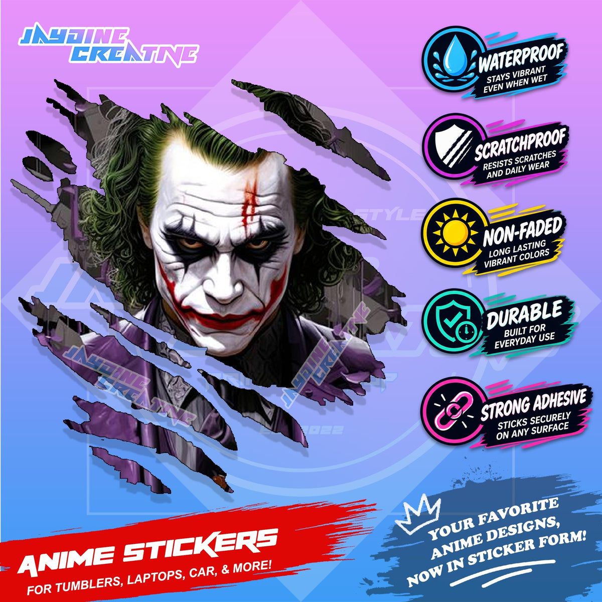 Joker Inspired Scratch Sticker Waterproof Vinyl for Helmet Motorcycle, Car & Tumbler