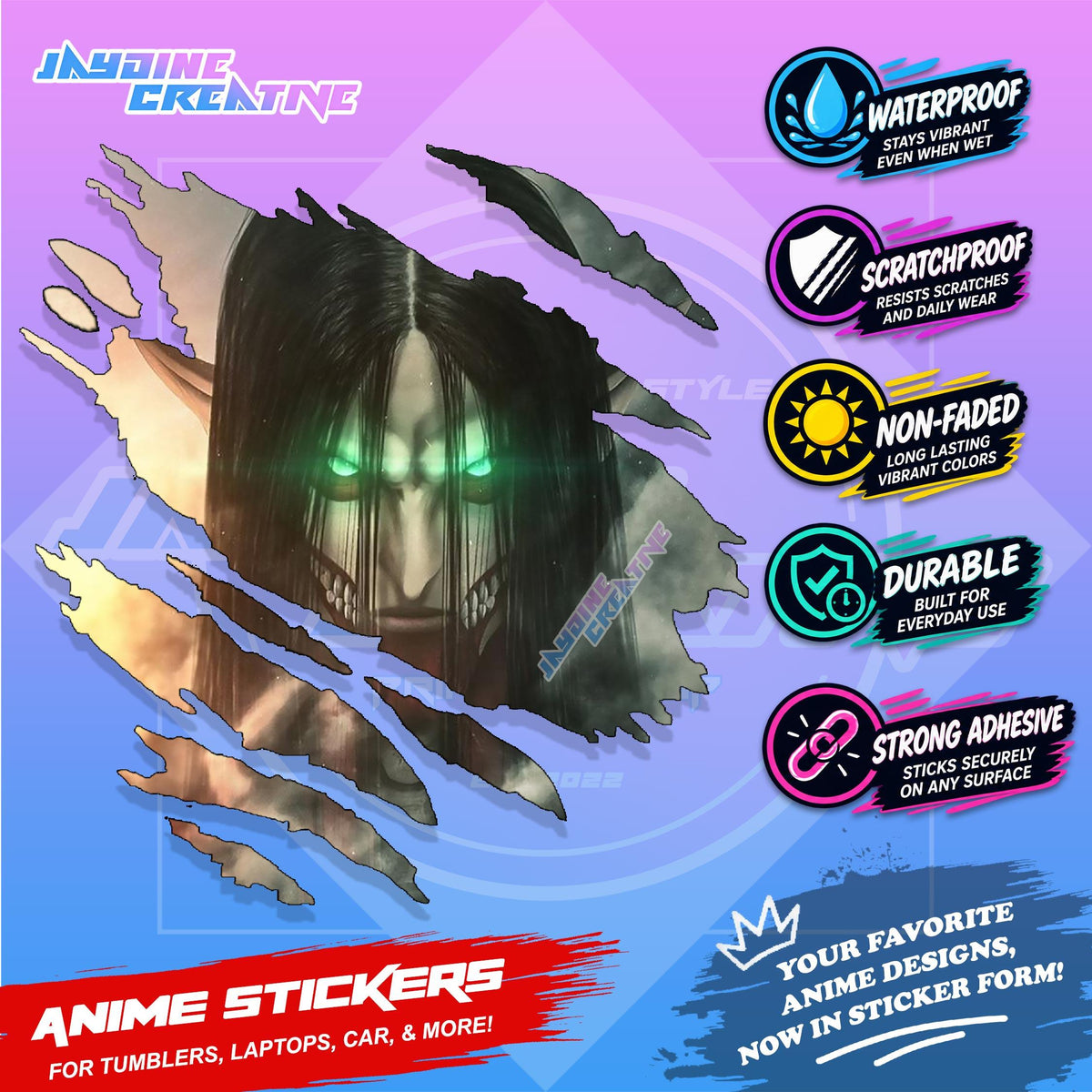 Attack on Titan Anime Inspired Scratch Sticker Waterproof Vinyl for Helmet Motorcycle, Car & Tumbler