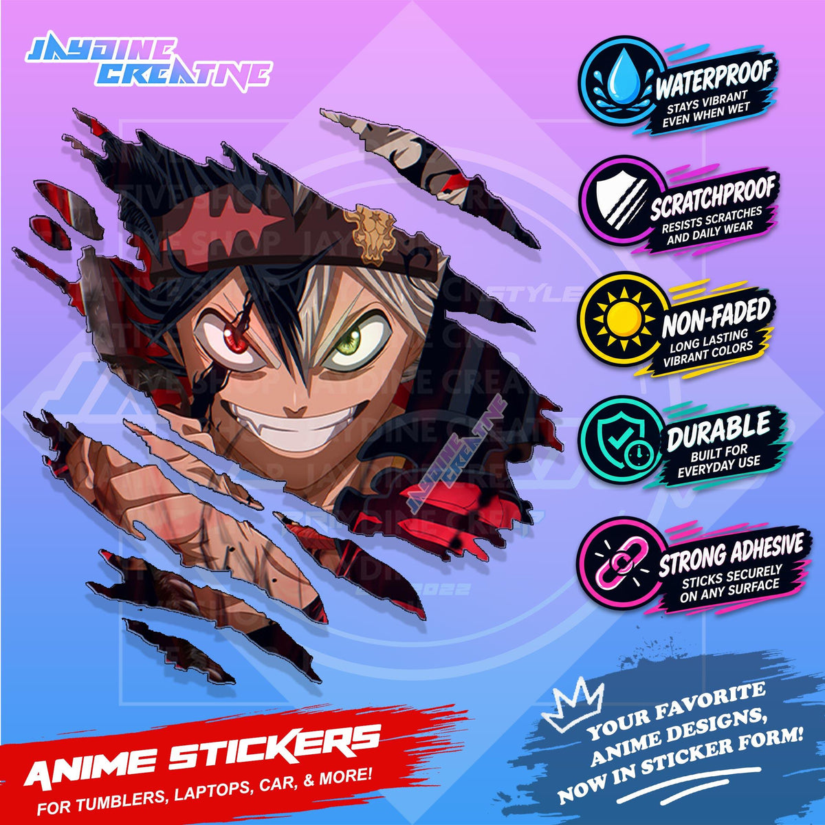 Black Clover Inspired Scratch Sticker Waterproof Vinyl for Helmet, Motorcycle, Car, Laptop & Tumbler