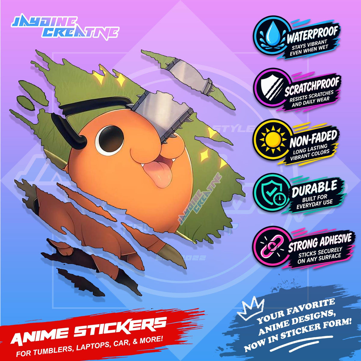 Chainsawman Anime Inspired Scratch Sticker Waterproof Vinyl for Helmet, Motorcycle, Laptop & Tumbler