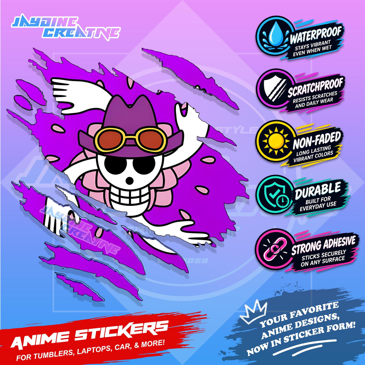 One Piece Flag Anime Inspired Scratch Sticker Waterproof Vinyl for Helmet, Motorcycle, Car, Laptop, Phone & Tumbler
