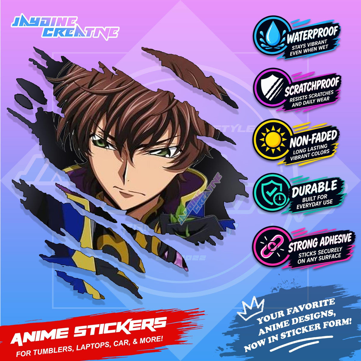 Code Geass Anime Inspired Scratch Sticker Waterproof Vinyl for Helmet, Motorcycle, Laptop & Tumbler