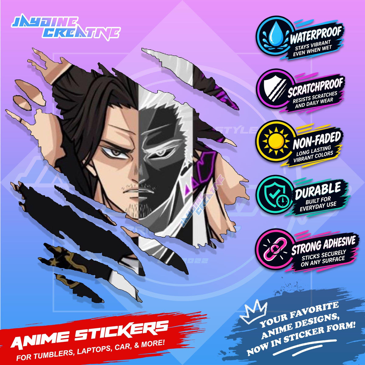 Black Clover Inspired Scratch Sticker Waterproof Vinyl for Helmet, Motorcycle, Car, Laptop & Tumbler