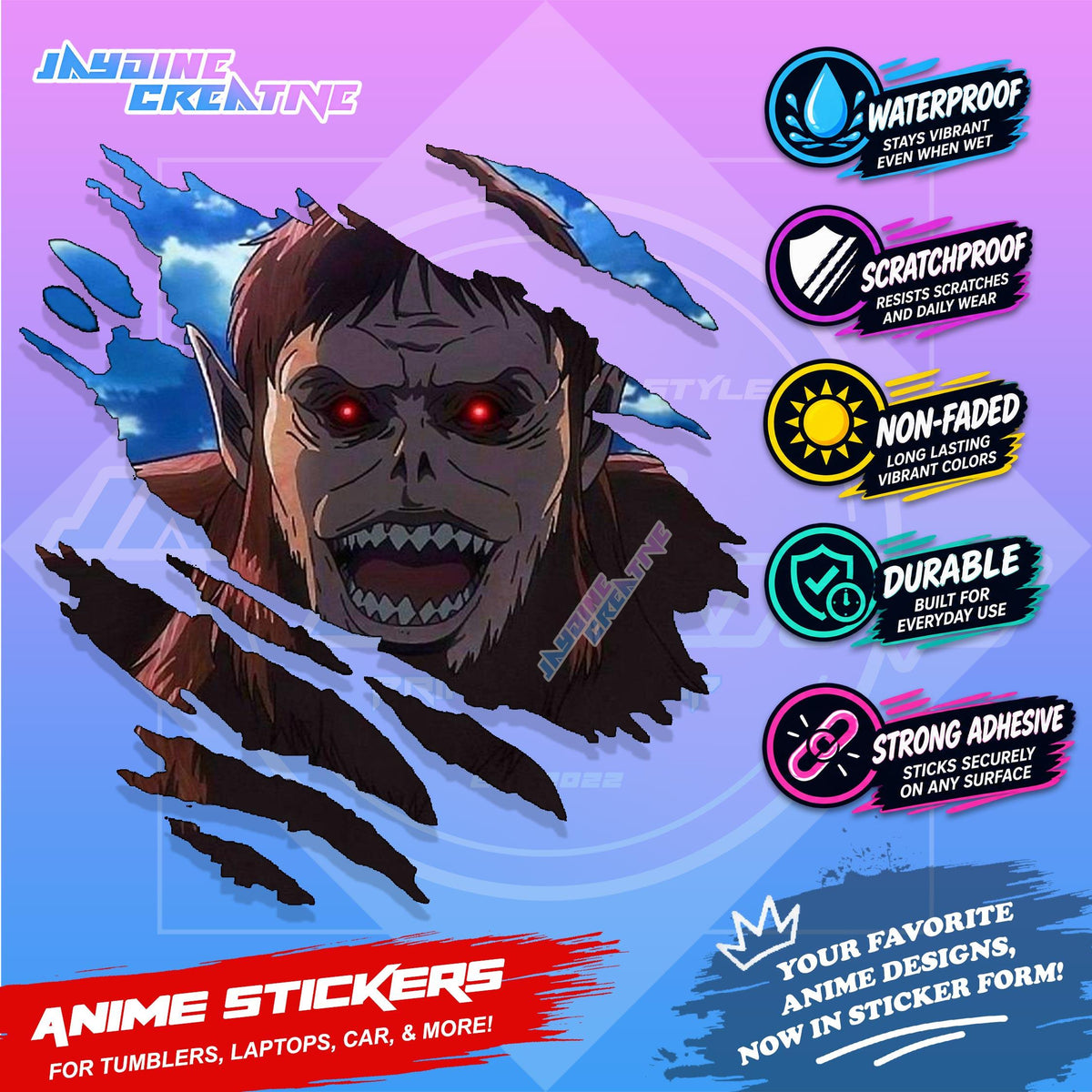 Attack on Titan Anime Inspired Scratch Sticker Waterproof Vinyl for Helmet Motorcycle, Car & Tumbler