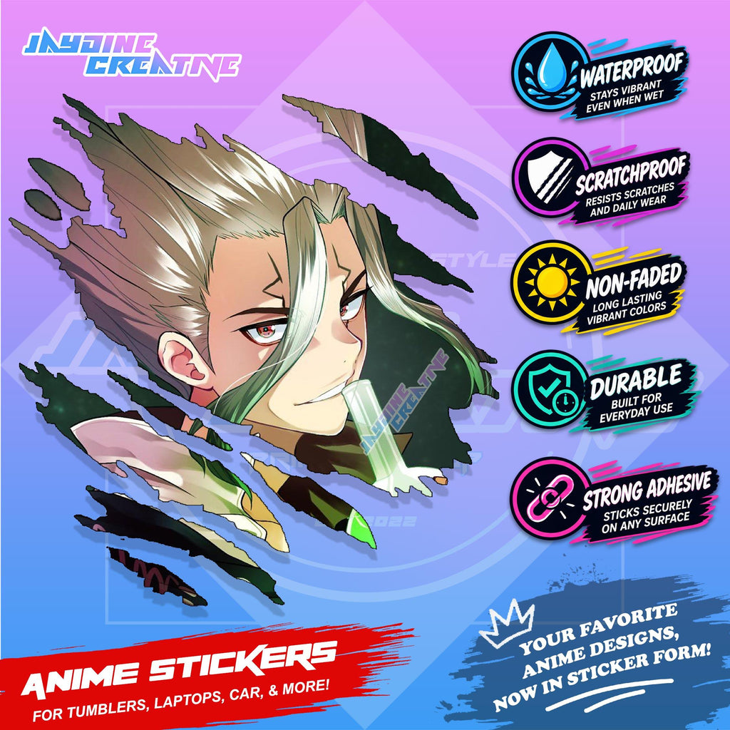 Dr. Stone Anime Inspired Scratch Sticker | Waterproof Vinyl for Helmet, Motorcycle, Laptop & Tumbler