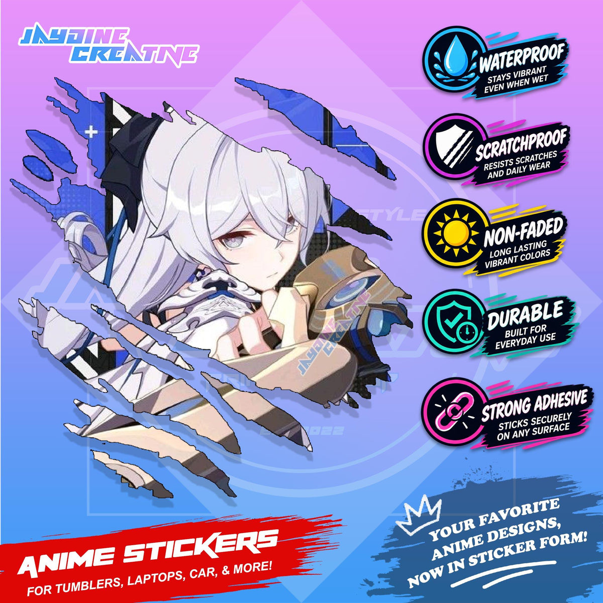 Honkai Impact 3rd Inspired Scratch Sticker Waterproof Vinyl for Helmet, Motorcycle, Car & Tumbler