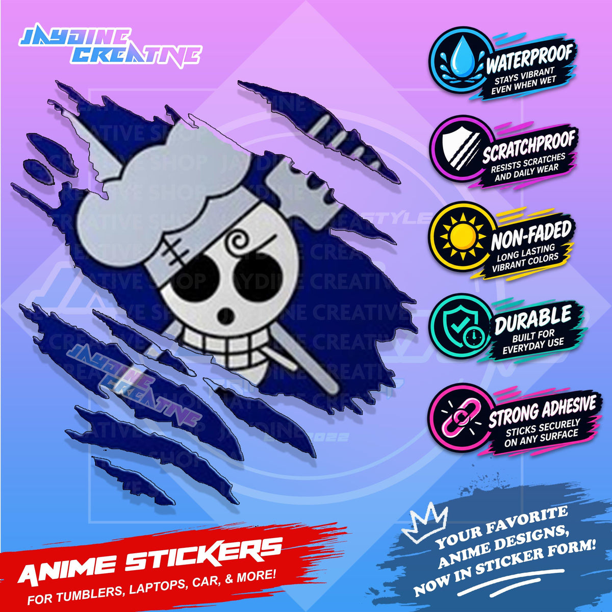 One Piece Flag Anime Inspired Scratch Sticker Waterproof Vinyl for Helmet, Motorcycle, Car, Laptop, Phone & Tumbler