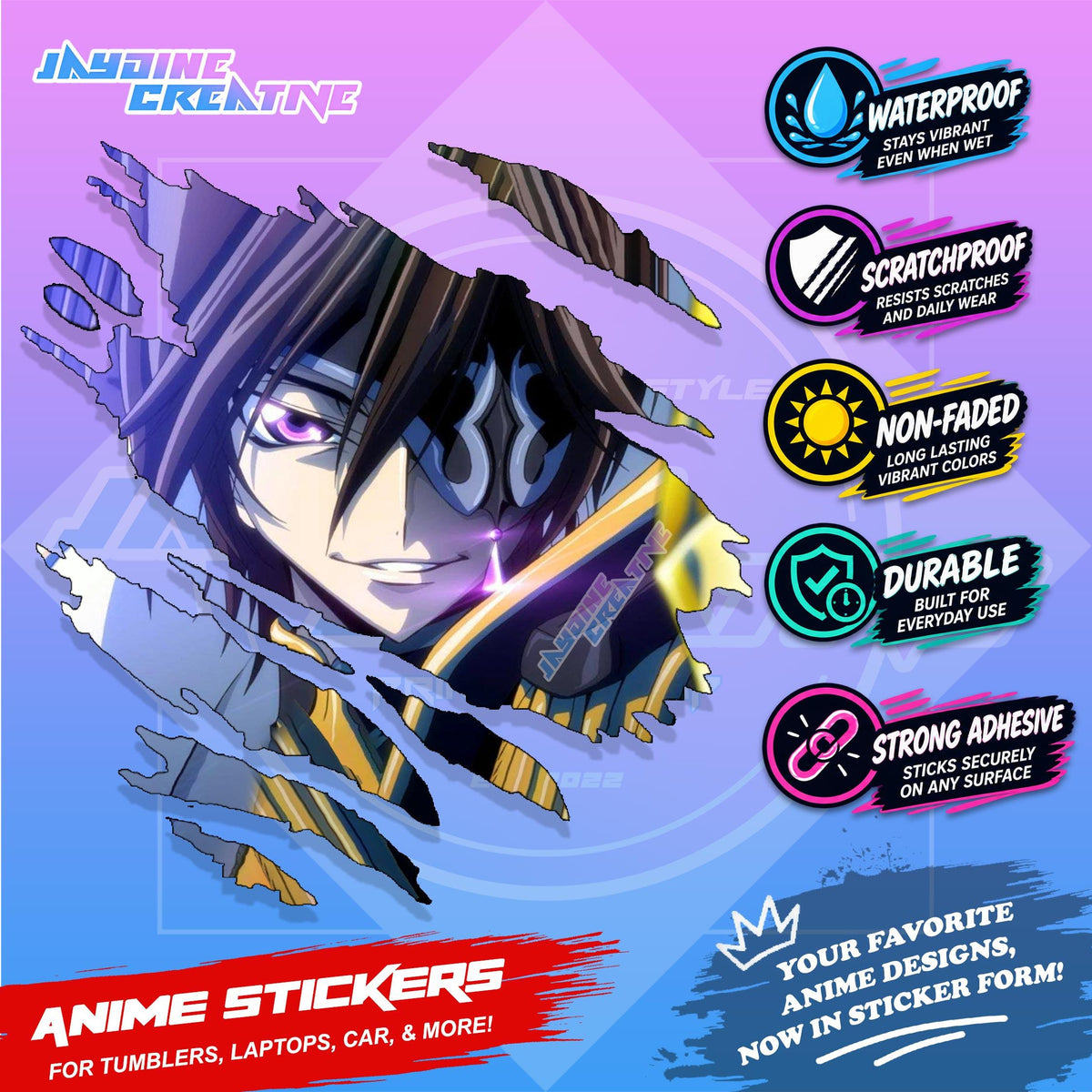 Code Geass Anime Inspired Scratch Sticker Waterproof Vinyl for Helmet, Motorcycle, Laptop & Tumbler