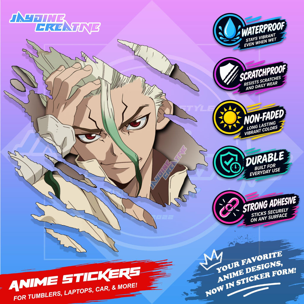 Dr. Stone Anime Inspired Scratch Sticker | Waterproof Vinyl for Helmet, Motorcycle, Laptop & Tumbler