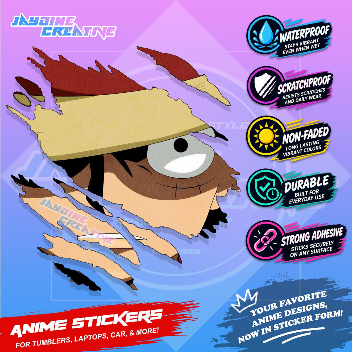 One Piece Anime Inspired Scratch Sticker Waterproof Vinyl for Helmet, Motorcycle, Car, Laptop, Phone & Tumbler