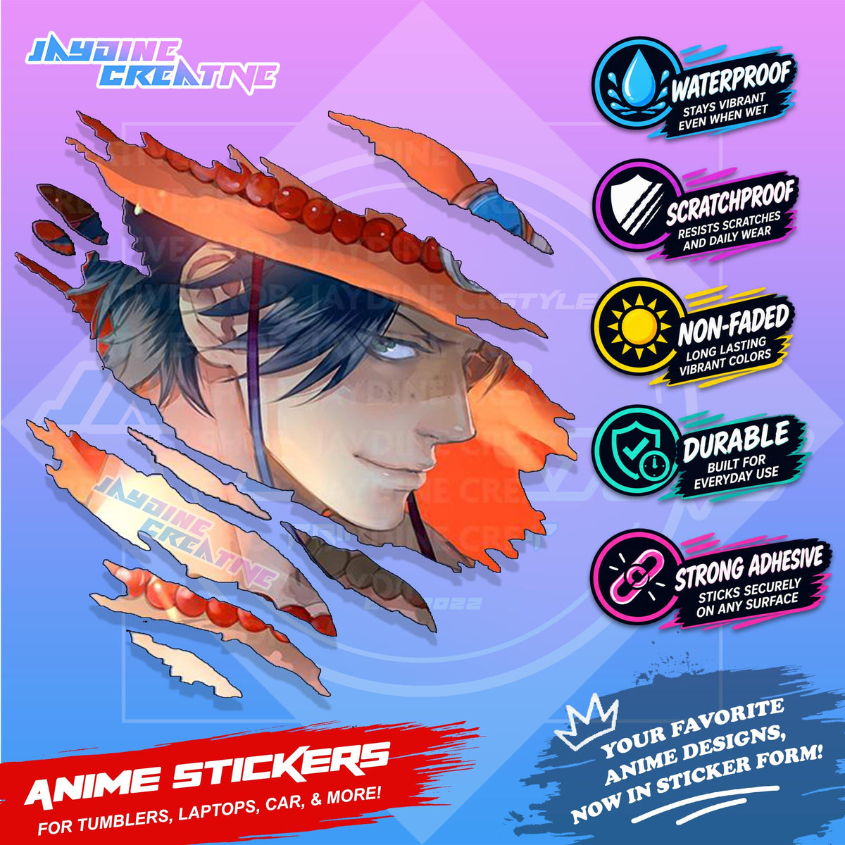 One Piece Anime Inspired Scratch Sticker Waterproof Vinyl for Helmet, Motorcycle, Car, Laptop, Phone & Tumbler