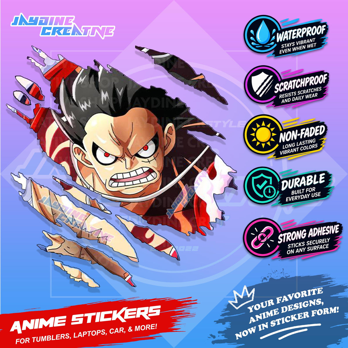 One Piece Anime Inspired Scratch Sticker Waterproof Vinyl for Helmet, Motorcycle, Car, Laptop, Phone & Tumbler