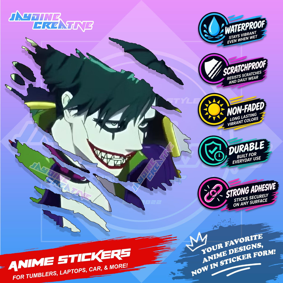 Joker Inspired Scratch Sticker Waterproof Vinyl for Helmet Motorcycle, Car & Tumbler