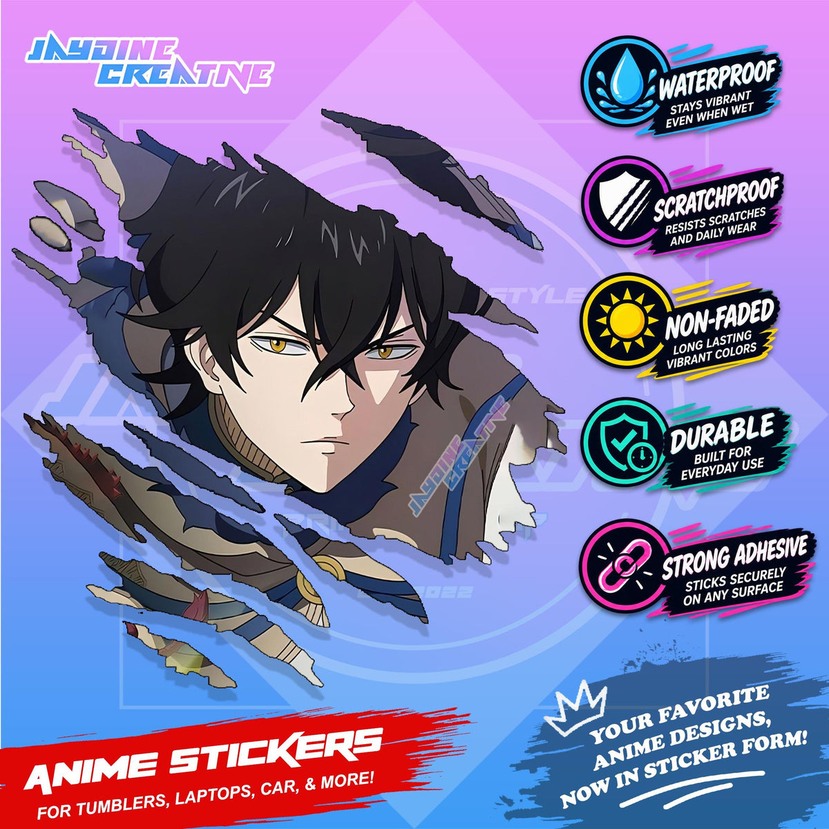 Black Clover Inspired Scratch Sticker Waterproof Vinyl for Helmet, Motorcycle, Car, Laptop & Tumbler