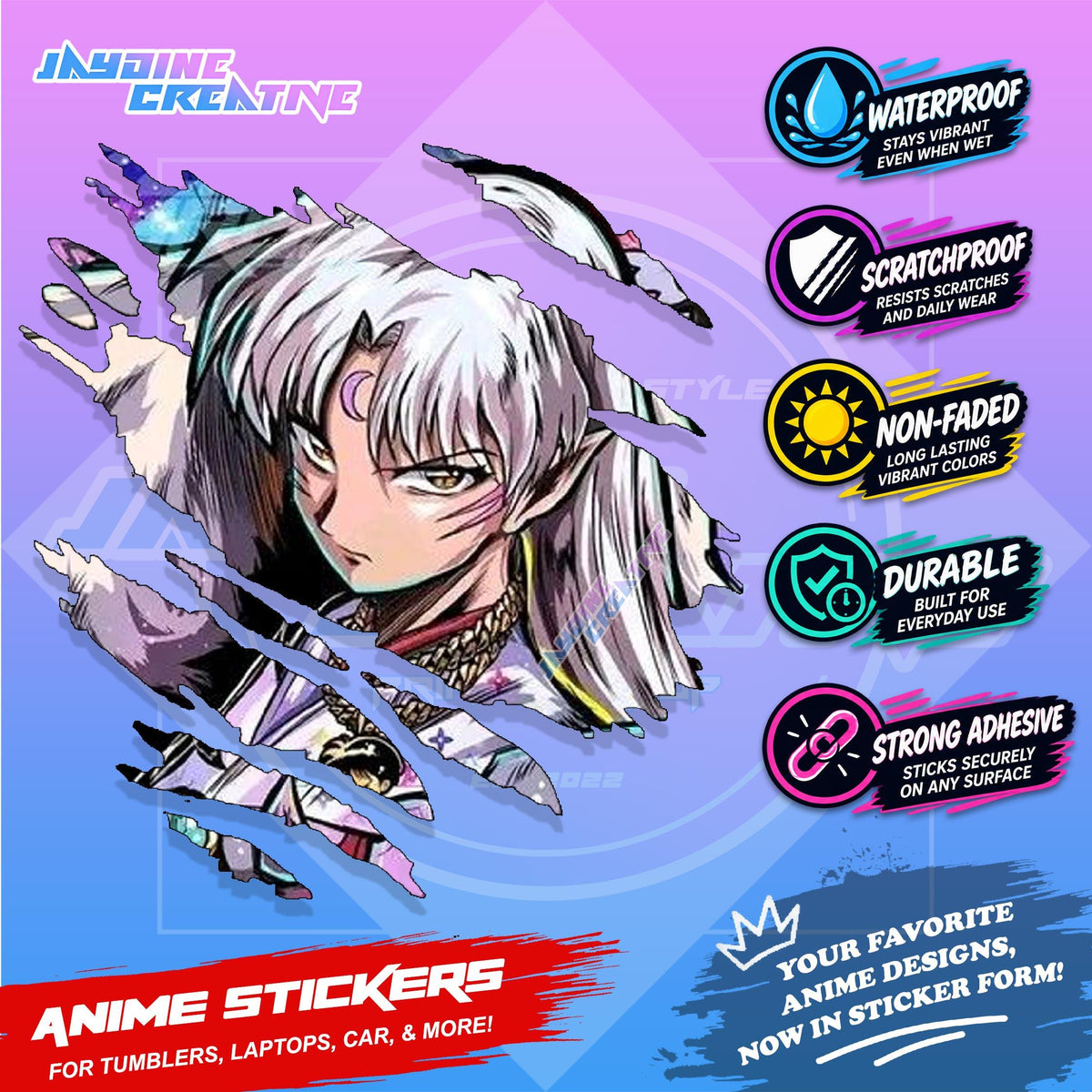 Inuyasha Anime Inspired Scratch Sticker Waterproof Vinyl for Helmet Motorcycle Car, Laptop & Tumbler
