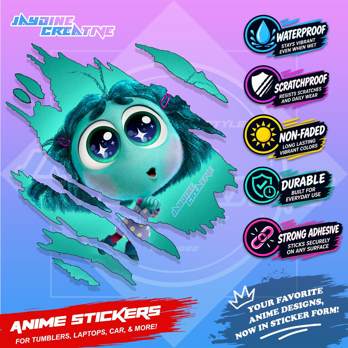 Inside Out Inspired Scratch Sticker Waterproof Vinyl for Helmet, Motorcycle, Laptop & Tumbler