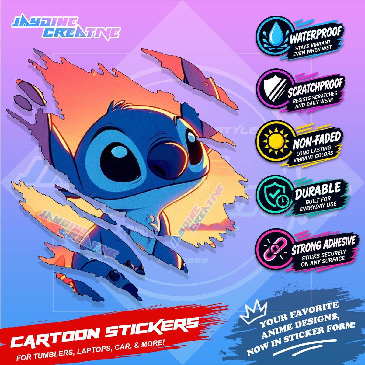 Stitch Inspired Scratch Sticker | Waterproof Vinyl for Helmet, Motorcycle, Car, Laptop & Tumbler