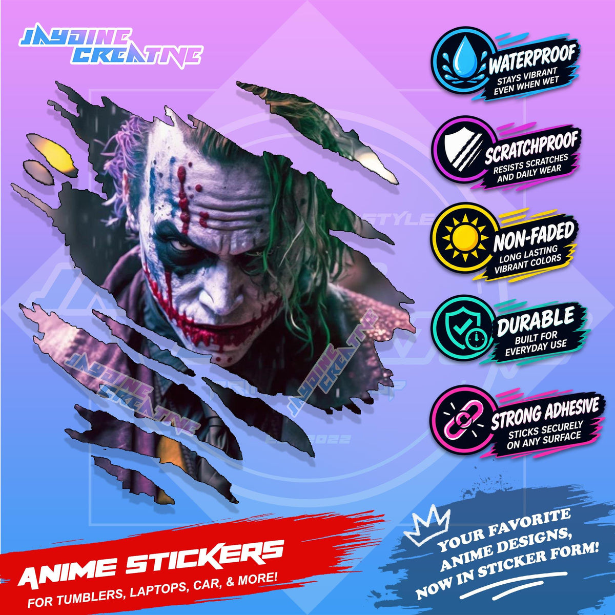 Joker Inspired Scratch Sticker Waterproof Vinyl for Helmet Motorcycle, Car & Tumbler