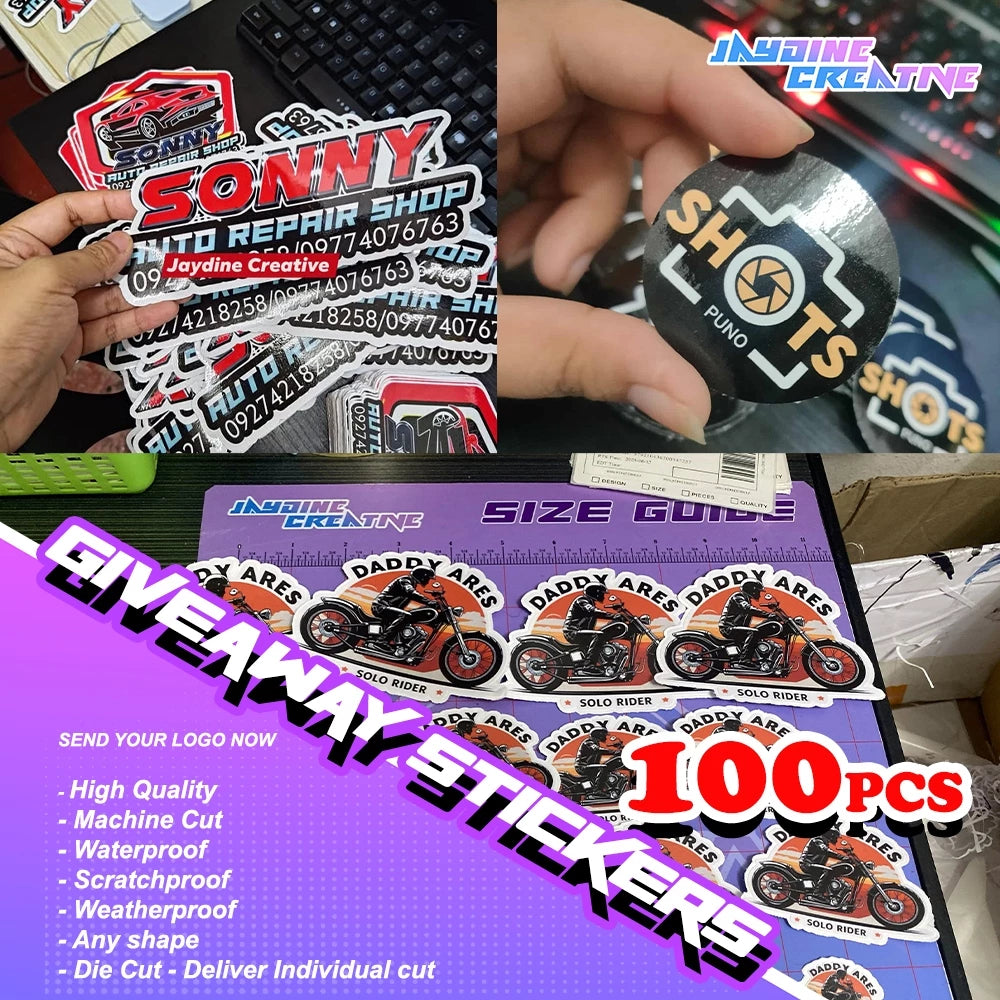 50pcs & 100pcs Motovlog/Giveaway Die Cut 2"x2" Custom Sticker 100% Waterproof